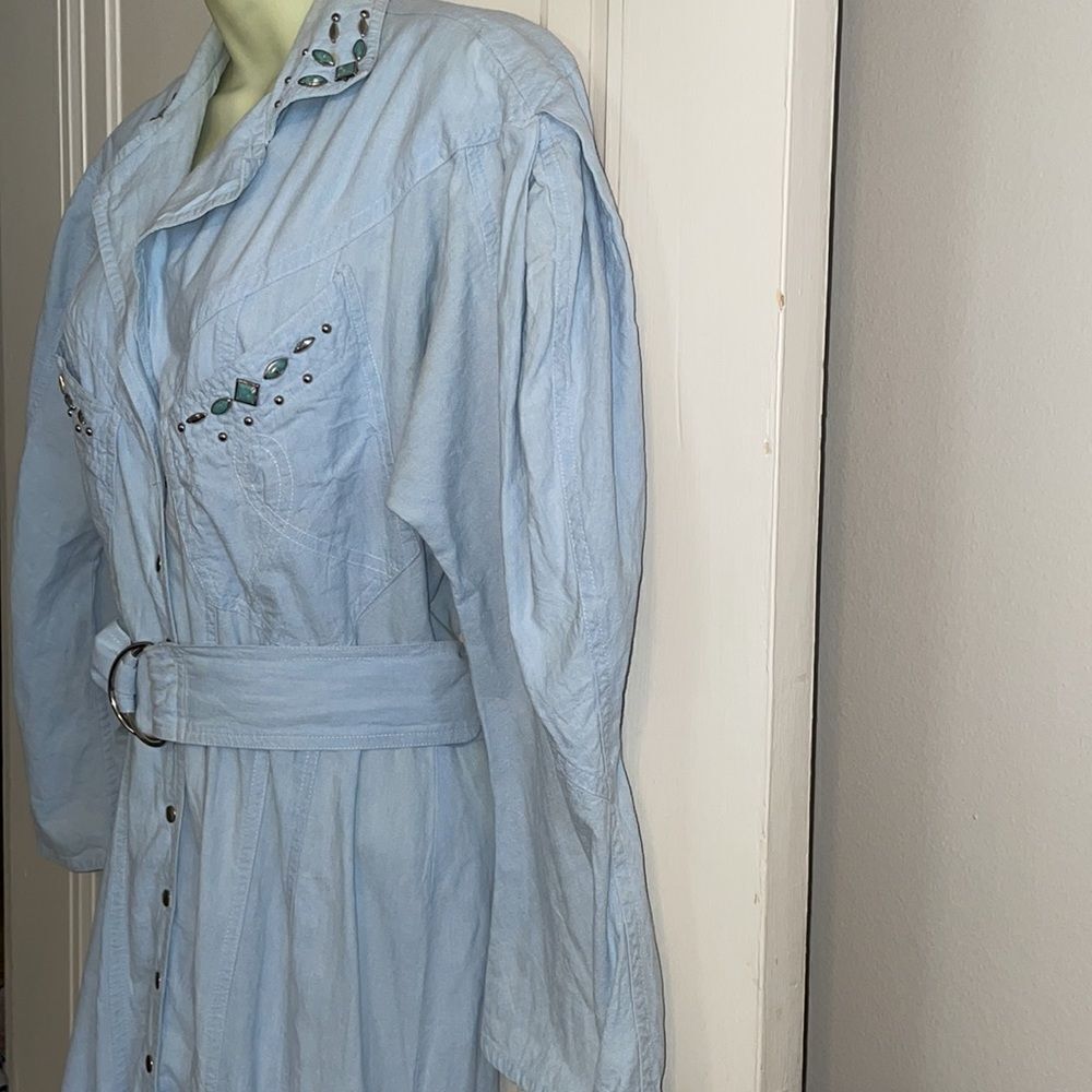 Vtg 80s/90s Karen Alexander light blue cotton western dress with‎ silver studs - Picture 7 of 16